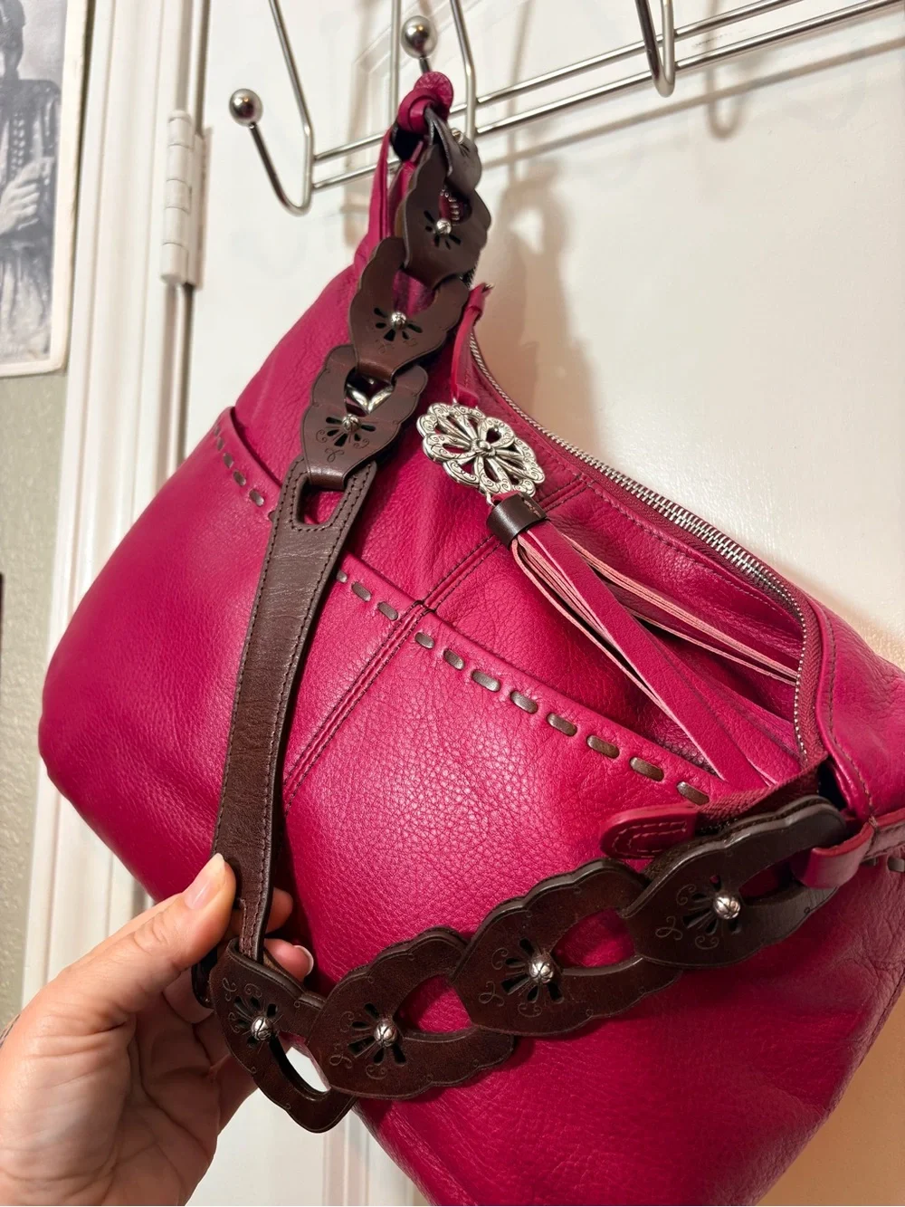 Brighton Berry Pink Leather Hobo Shoulder Bag Scalloped Floral Strap F146897